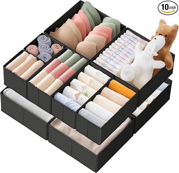 Drawer Organizer Clothes, 10 Pack Dresser Organizer for Baby Clothes, Underwear, Sock- Foldable Closet Organization and Storage Dividers Bins for Nursery, Bedroom (Black)