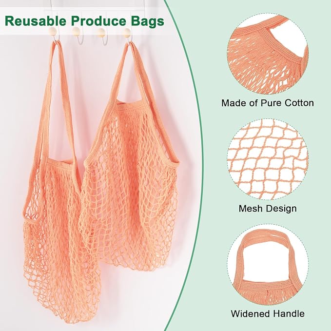 M METERXITY 2-Pack Cotton Mesh Bag, Reusable Washable Mesh Net String Grocery Bags, Reusable Produce Bags with Handle, Net Tote Bag for Fruits Shopping [Pink Brown, Long&Short Handle]