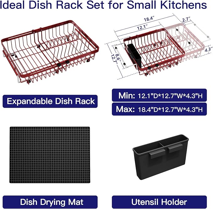 Red Dish Drying Rack Over The Sink with Utensil Holder, Mat | Expandable Stainless Steel Dish Drainer for Small Kitchen, Apartment, RV, Counter Space Saving, Perfect Fit, Rustproof