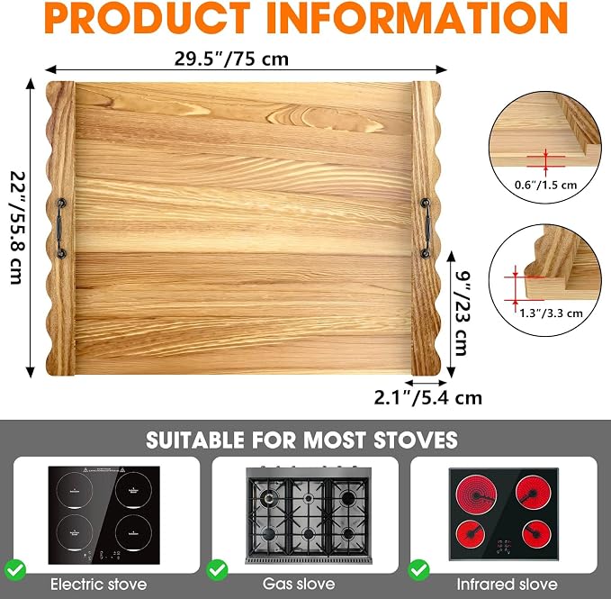 Latest wave-patterned wooden stove top cover, stylish pine panel stove top cover,suitable for gas stoves with 4 and 5 burners, food tray, kitchen stove tray. (Light wood color)