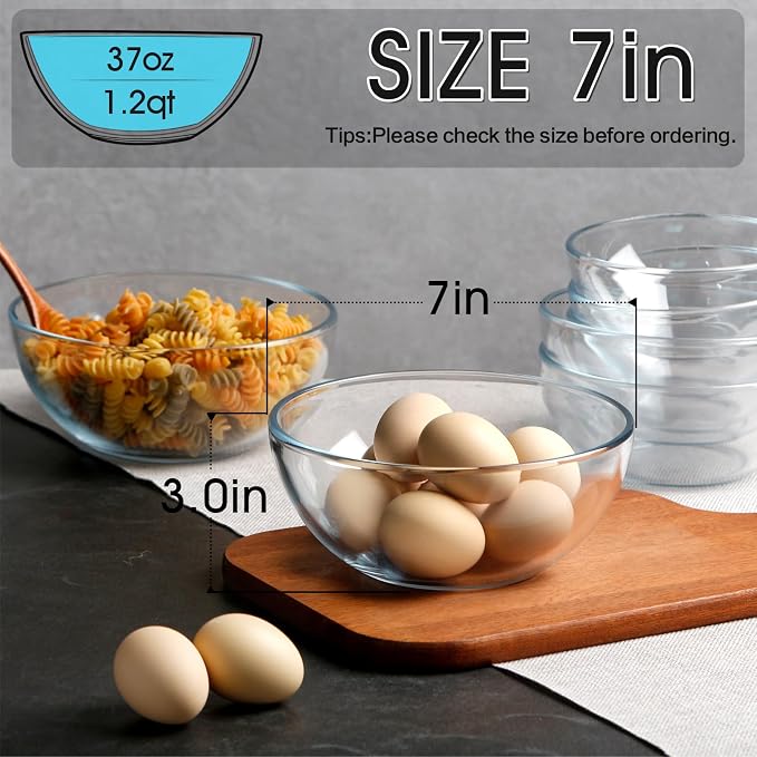 NUTRIUPS 7 Inch Medium Glass Bowls Set of 2, 37oz Glass Serving Bowl Set, Clear Tempered Glass Salad Bowls for Kitchen Microwave and Oven Safe (7 inch, Set of 2)