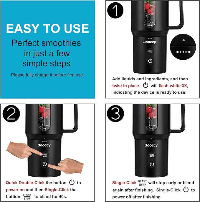 Portable Blender for Smoothie, 18oz personal, Cordless Rechargeable | Frozen blending, Jam-free, BPA-free, Auto-Reverse, Fast Charging, Not Dishwasher Safe, Car Cup Holder Friendly