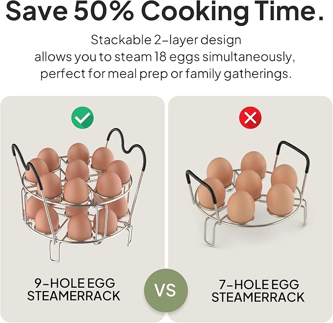Stackable Egg Steamer Rack Holds 18 Eggs with Handles, Stainless Steel Instant Pot Trivet Fits 6qt/8qt Pressure Cooker, 2-in-1 with Skewers for Grilling