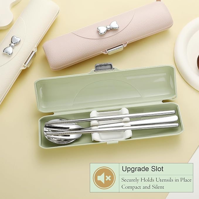 DEVICO Travel Silverware Set with Case,Portable Lunch Utensils Set for Work | 4Pcs 18/8 Stainless Steel Reusable Travel Cutlery Set, Fork and Spoon Set for Camping/School/Lunch Box, Dishwasher Safe,Green