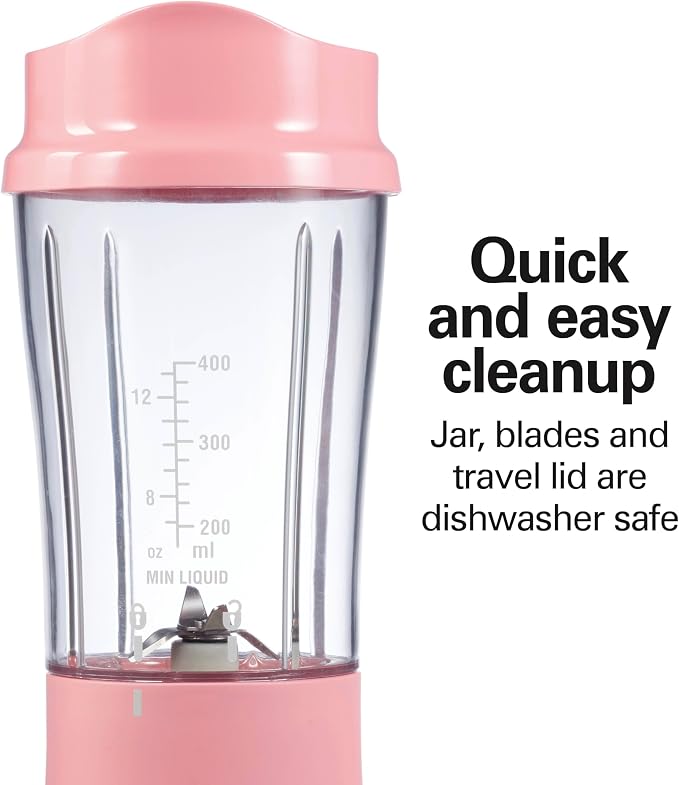 Hamilton Beach Portable Blender for Smoothies With 14 oz. Travel Jar | BPA Free Jar & Lid | Durable Stainless Steel Blades | 300 Watts Peak Power | Personal Smoothie Blender | Coral | 51171G