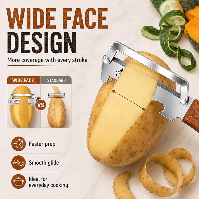 3-in-1 Multifunctional Vegetable Peeler for Kitchen | Sharp Stainless Steel Blade with Wooden Handle, Scallion Shredder and Bottle Opener Fruit and Vegetables. 2Pcs