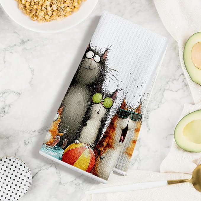 4 Pcs Cute Cat Kitchen Towels, Funny Cats Gifts Absorbent Hand Towels-06 | Cat Dish Cloths for Drying Dishes, Cats Waffle Dish Towels for Kitchen Home Bathroom Decor, Cat Lover Gifts for Women Mom