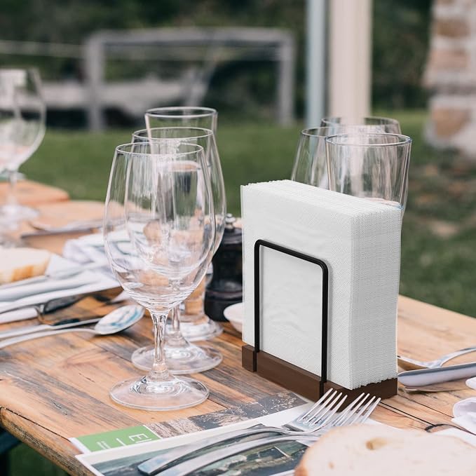 Wican Napkin Holder for Table, Bamboo Iron Standing Napkin Dispenser | Kitchen Dining Table Farmhouse Cocktail Picnic Rustic Wood Holders, Suitable for All Kitchen Dining Room Decor, Black & Brown