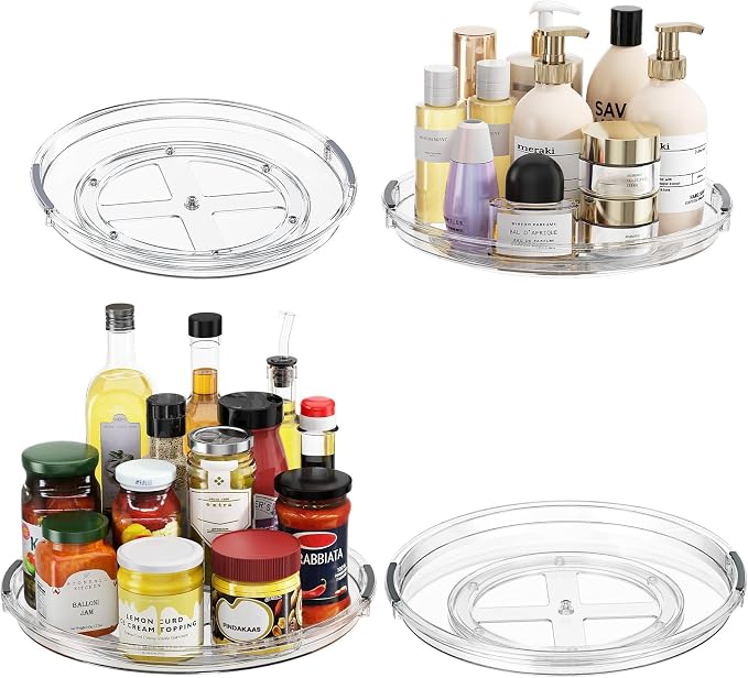 LAMU 4 Pack Lazy Susan Organizer Turntable for Cabinet, Pantry Organizers and Storage, Rotating Condiment Organizer for Kitchen, Table Top, Fridge, Countertop, Spice Organization, 12''x2, 10.6''x2