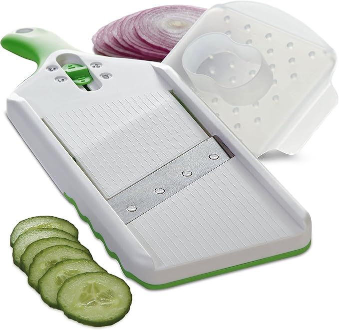 PrepSolutions Adjust-A-Slice Mandoline Slicer, Green – Adjustable Thickness, Perfect for Vegetables, Fruits, and More | Perfect for Vegetables, Fruits, and More, Includes Hand Guard and Non-Slip Base, Compact Space-Saving Design For Easy Storage
