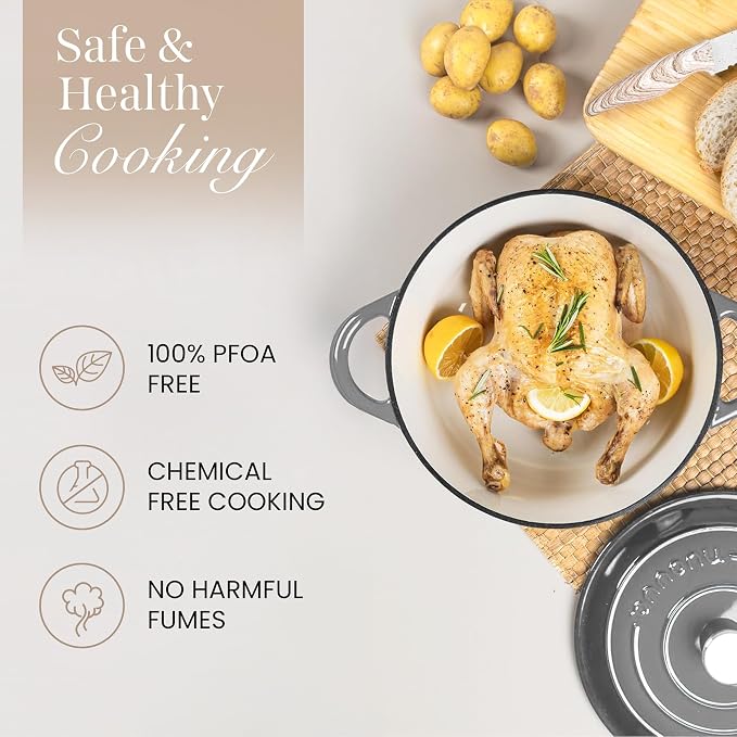 Cast Iron Dutch Oven with Lid - Non-Stick Ovenproof Enamelled Casserole Pot- Sturdy Dutch Oven Cookware - Grey, 7.3- Quart, 30cm- by Nuovva