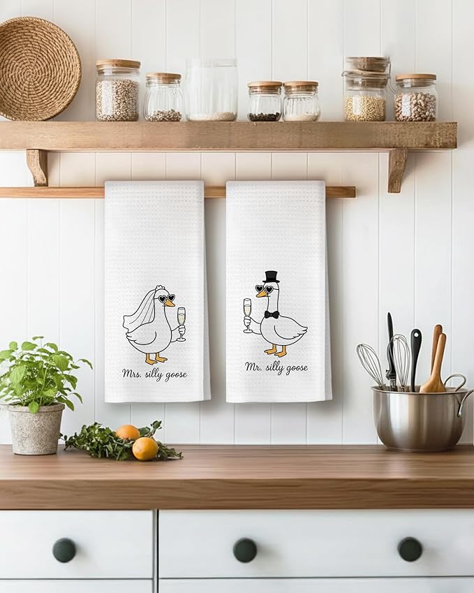Funny Silly Goose Kitchen Towels, Bachelorette Party Gifts Dish Tea Towels for Kitchen Decor, Engagement Newly Engaged Gifts for Couples Decorative Hand Towel for Bathroom, 16x24 Inch Set of 2