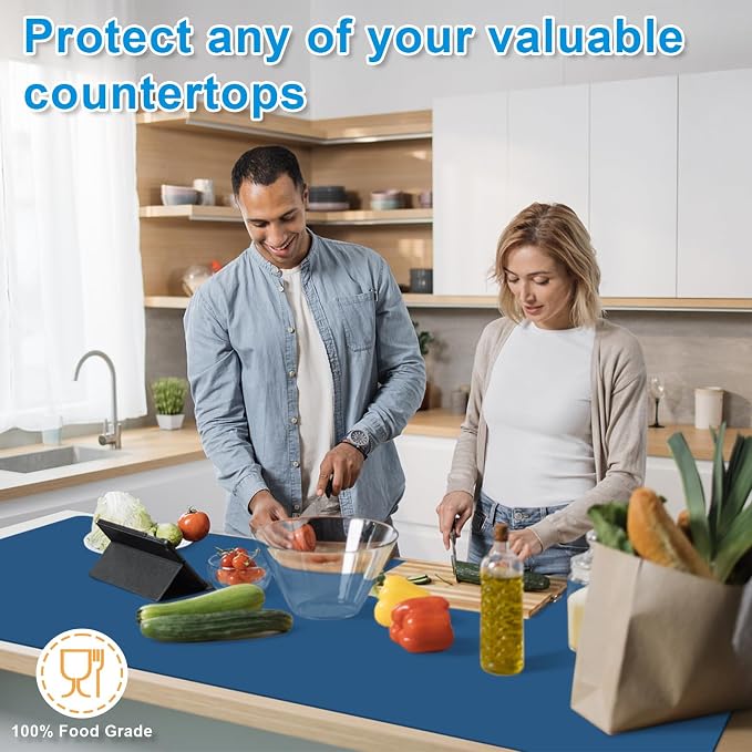 Silicone Mats for Kitchen Counter 47"x23.6"x0.08”, Largest Heat Resistant Mat Shipped Rolled Up Kitchen Island Silicone Countertop Protector Mat Nonslip Extra Large Counter Mat, Blue | Largest Size, Heat Resistant, Nonslip, Extra Large Countertop Prote...