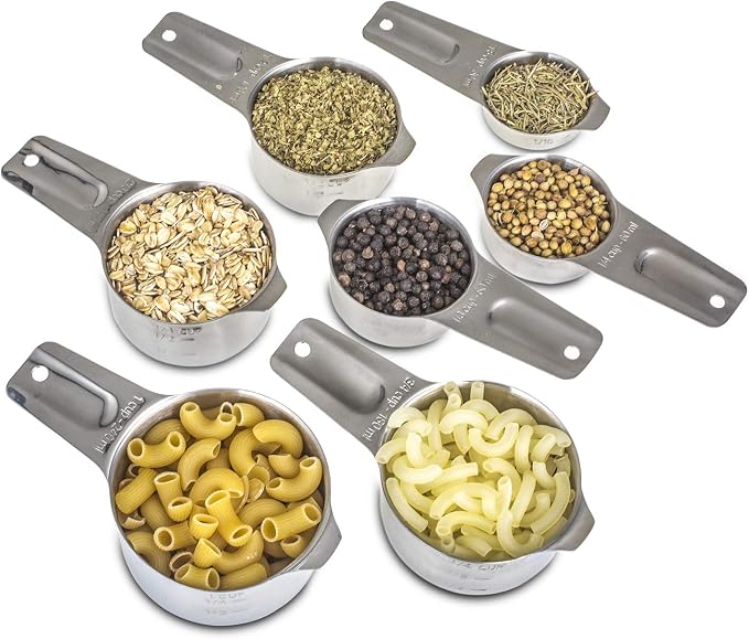 7-Piece 18/8 Stainless Steel Measuring Cups Set, Silver | Includes 1/16, 1/4, 1/3, 1/2, 2/3, 3/4 and 1 Cup, Engraved US and Metric Markings, Pour Spouts and Ring Connector