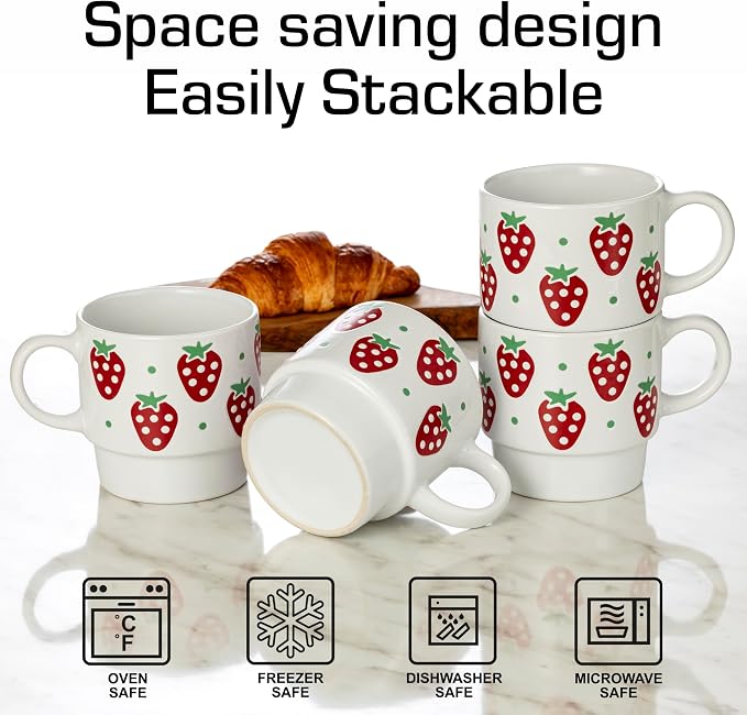 Signature Housewares Stackable Coffee Mug Tower Set with Metal Wire Rack - 15 Ounce Coffee Mugs for Coffee, Tea, Cocoa, Milk, Cappuccino, Hot Chocolate Set of 4 - Strawberry Pattern