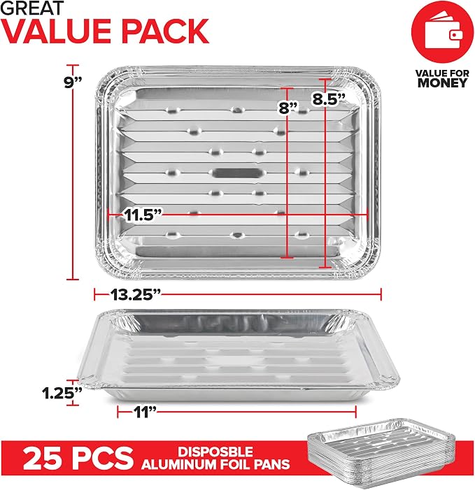 Stock Your Home Disposable Aluminum Foil Broiler Pan for Oven (25 Pack) Sheet Pans for Grilling, Roasting Rack, Trays with Ribbed Surface for BBQ Grill-Like Texture