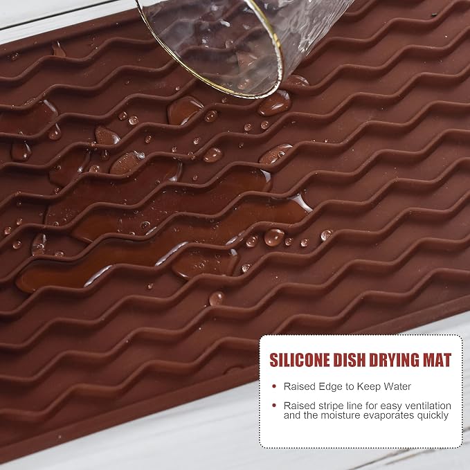 Silicone Dish Drying Mat, Non-Slip Easy Clean Sink Mat, Coffee, 12" x 6" | Quick-Dry Ridges, Hangable & Roll-Up for Storage, Dishwasher Safe