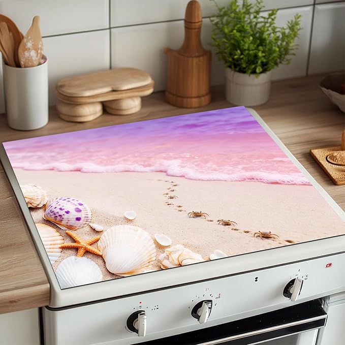 HOMETITUTE Summer Stove Top Covers for Electric Stove 28x20 Inches Pink Beach Coastal Ar Heat Resistant Glass Cooktop Protector Pad Decorative Stovetop Cover for Kitchen Coffee Bar Decor