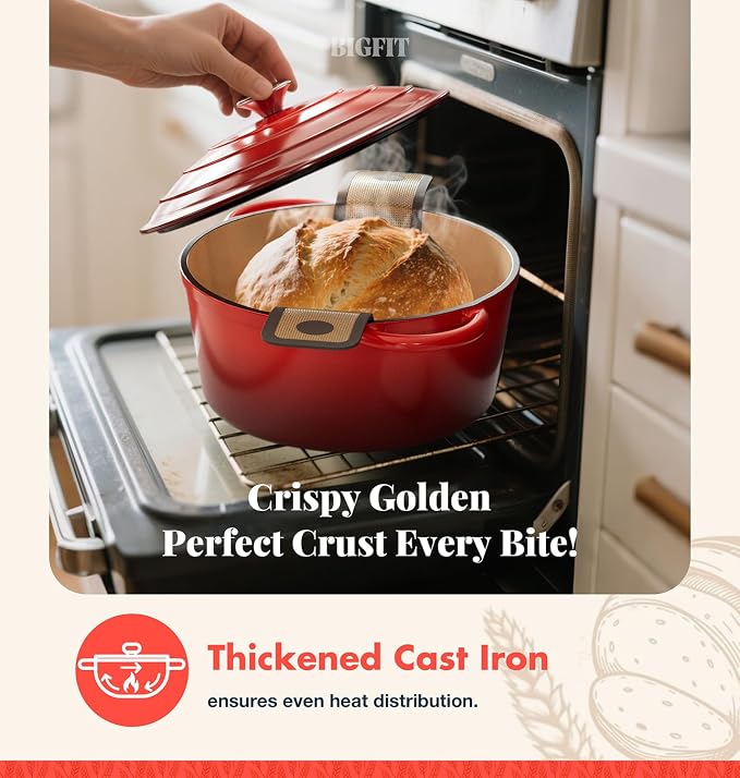 5QT Dutch Oven for Sourdough Bread Baking, Red Cast Iron Bread Pan with Lid | Advanced Multi-Functional Dutch Oven With Banneton Bread Proofing Basket & Baking Supplies, Cast Iron Bread Pan With Lid