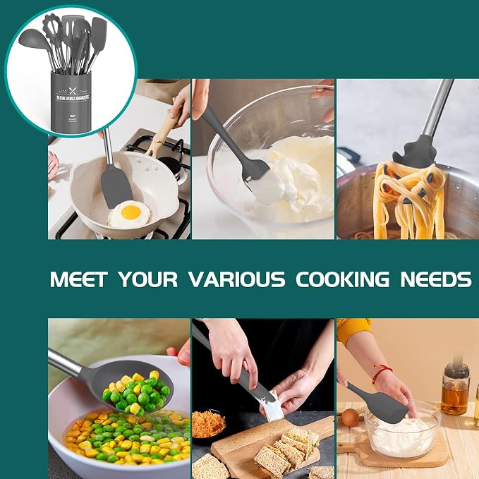 Stainless Steel Kitchen Cooking Utensil Set, Umite Chef 15 pcs Cooking Utensils - Nonstick Kitchen Utensils Cookware Set Spatula Set -Kitchen Gadgets Utensils Set, Kitchen Tools Gift (Gray)
