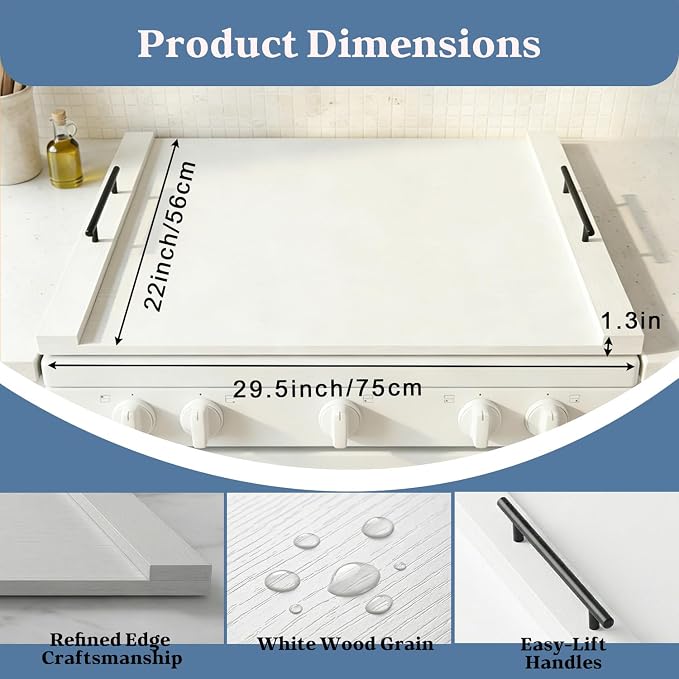 White Stove Top Cover for Gas & Electric Range | 30"x22" Farmhouse Noodle Board with Handles | RV Kitchen Workspace Saver