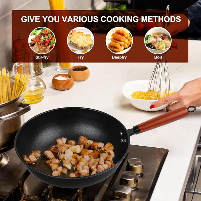 Wok, 13" Carbon Steel Woks & Stir-Fry Pans Nonstick with Glass Lid | Pre-Seasoned Flat Bottom Chinese Wok for Electric, Induction, Gas, All Stoves