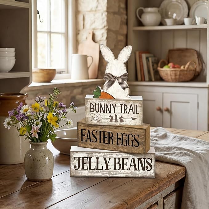Lineshading 4 Pcs Wooden Easter Rabbit Block Signs Farmhouse Tiered Tray | Rustic Tabletop Signs for Tiered Tray, School Beach Theme Decor, Christmas Farmhouse Gift, Travel Wood Shelf Display