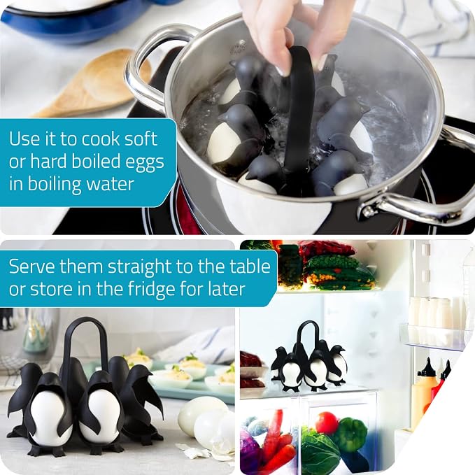 PELEG DESIGN Egguins Egg Cooker for Hard Boiled Eggs and Soft Boiled Eggs – 3-in-1 Boiled Egg Holder for Cooking, Fridge Storage & Serving – Unique Penguin Kitchen Gift, Holds 6 Eggs