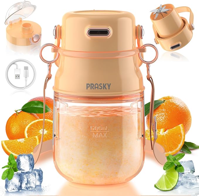 Portable Blender, Personal Blender for Shakes and Smoothies with 27oz Cup, Lid and Shoulder Strap, Type-C USB Rechargeable, BPA-Free for Travel/Kitchen (Light Orange)