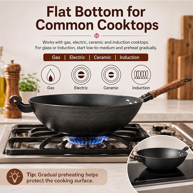 WANGYUANJI 14.2 Inch Cast Iron Wok with Wooden Lid & Handle, Flat Bottom Stir Fry Wok Pan, Turtle-Pattern Textured Uncoated Large Wok Skillet for Induction, Gas & Electric (Seasoning Required) | Uncoated cast iron wok with wood lid for induction, gas a...