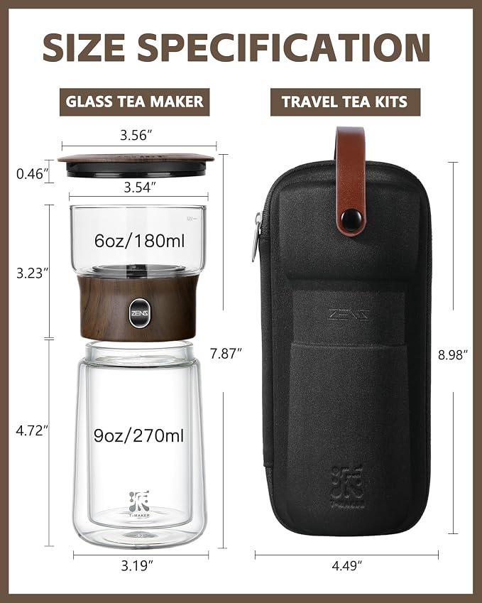 ZENS Glass Infuser Teapot, One Touch Tea Maker for Loose Leaf Tea | Modern Magic Tea Diffusers with 9oz Insulated Mug, Portable Tea Infuser Pot for Herbal Tea Lovers Gifts