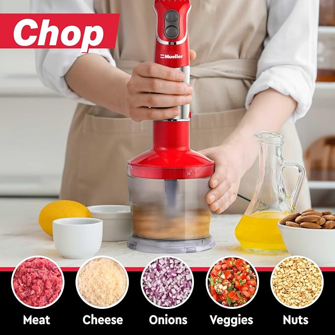 Mueller Multistick 5-in-1 Immersion Blender Handheld, 12-Speed Hand Mixer | Turbo Boost, Heaviest Duty Copper Motor, Titanium Blades Hand Blender, Milk Frother Wand, Whisk, Beaker, Chopper, Red