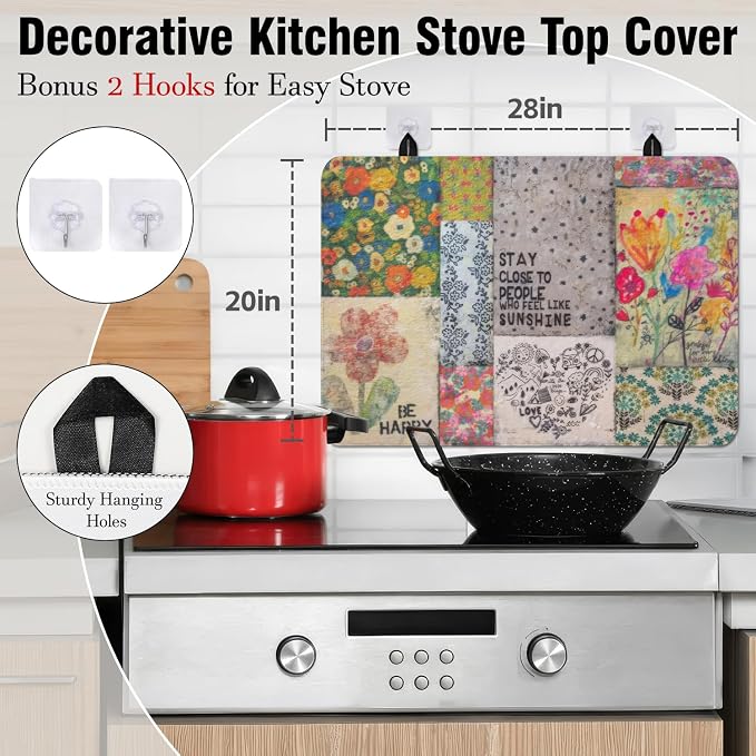 Boho Glass Stove Top Cover for Electric Stoves,Flower Floral Farmhouse Stove Top Cover for Kitchen Decor,Heat Resistant Cooktop Protector Mat,Non-Slip Washable Dish Drying Mat 28"x20"