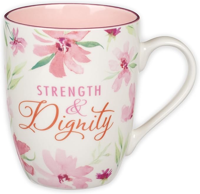 Christian Art Gifts Inspirational Ceramic Coffee & Tea Scripture Mug for Women: Strength & Dignity Encouraging Bible Verse, Microwave & Dishwasher Safe Novelty Drinkware, White & Pink Floral, 12 oz.