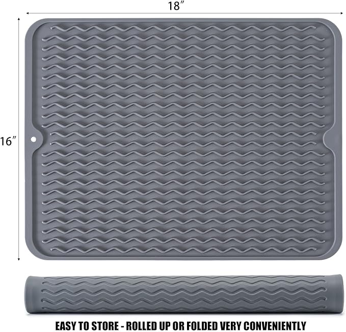 Silicone Dish Drying Mat, Non-Slip Easy Clean Sink Mat Large Heat-resistant Dish Drainer Mat for Kitchen Counter, Sink, Refrigerator or Drawer liner (18" x 16", GREY) | Quick-Dry Ridges, Hangable & Roll-Up for Storage, Dishwasher Safe