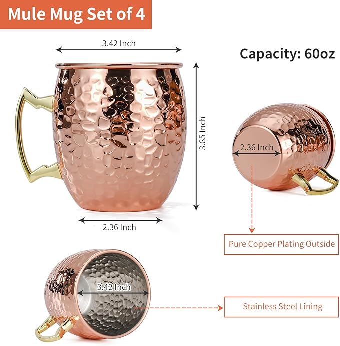 Amrules 4 Pcs 16oz Moscow Mule Mugs Hammered with Bar Accessories | 304 Stainless Steel Lining, Hammered Finish, Firm Handle, Include Straws, Opener & Jigger, for Cocktails, Wine, Beer & Party