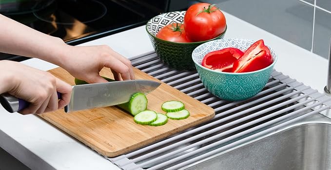 20.5 x 15.5 Inch Roll-Up Dish Drying Rack, Fits Across Sink Openings up to 19.5 Inches, Heavy-Duty Premium Silicone, Strong Support, Non-Slip, Heat-Resistant, Warm Gray