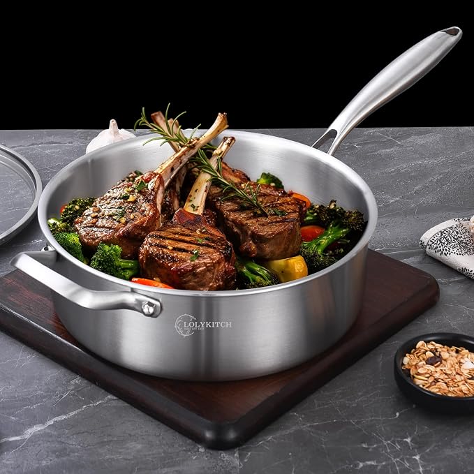 LOLYKITCH 7-Quart Saute Pan with Lid | 12-Inch Deep Frying Pan | Tri-Ply Stainless Steel Clad | Large Skillet | Jumbo Cooker | Dishwasher & Oven Safe | Detachable Handle | 6-8 Servings