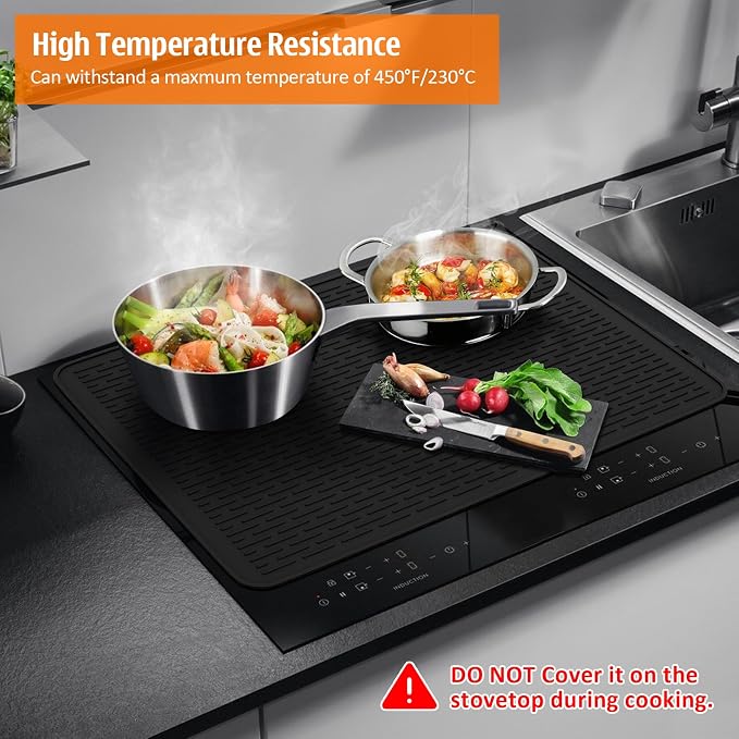 Silicone Stove Top Covers for Electric Stove, 28" x 20" Stovetop Cover, Dish Drying Mat XL for Kitchen, Stove Mat Protector, Heat Resistant Cooktop Cover, Flat Range Stovetop Protector Black (Black)