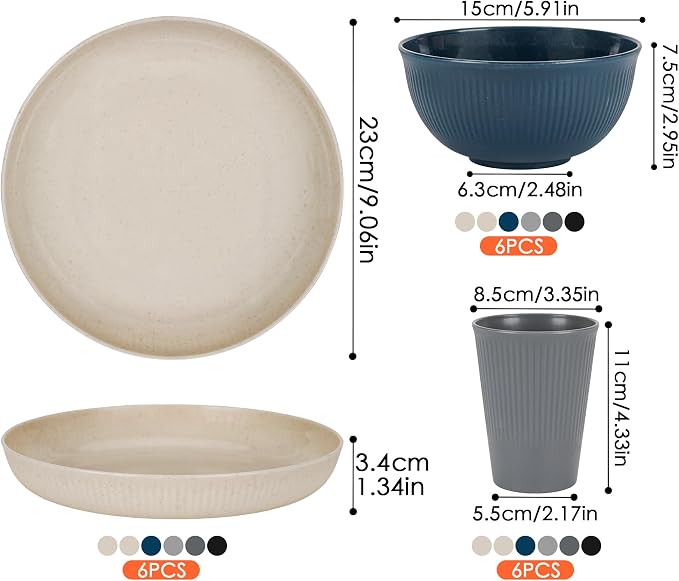 Wheat Straw Dinnerware Sets for 6 People 18pcs Camping Plates and Bowls Set | Unbreakable Dish Set Reusable Picnic Set, 23cm Plates sets, Cups sets, 15 cm bowls sets, Microwave and Dishwasher Safe