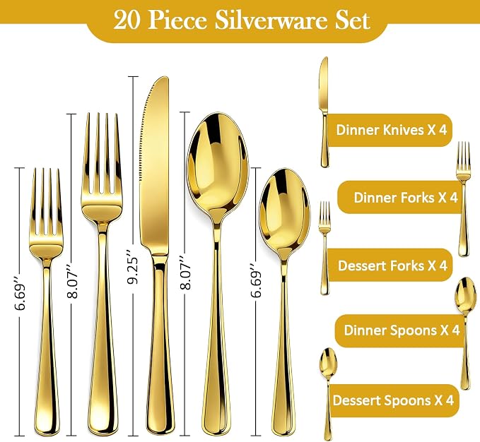 20 Piece Stainless Steel Flatware Set,Silverware Set for 4,include Forks,Knives,Spoons.Cutlery Utensil Set for Home,Kitchen,Party,Buffet,Banquet,Catering (Gold)