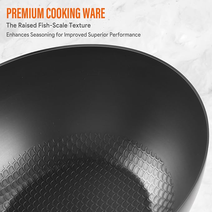 Carbon Steel Wok Pan, Flat Bottom Small Wok | Authentic Chinese Stir-Fry Pans Set with Glass Lid, 1.65lb Lightweight, Small Wok for 1-2 Servings. Wok with Lid