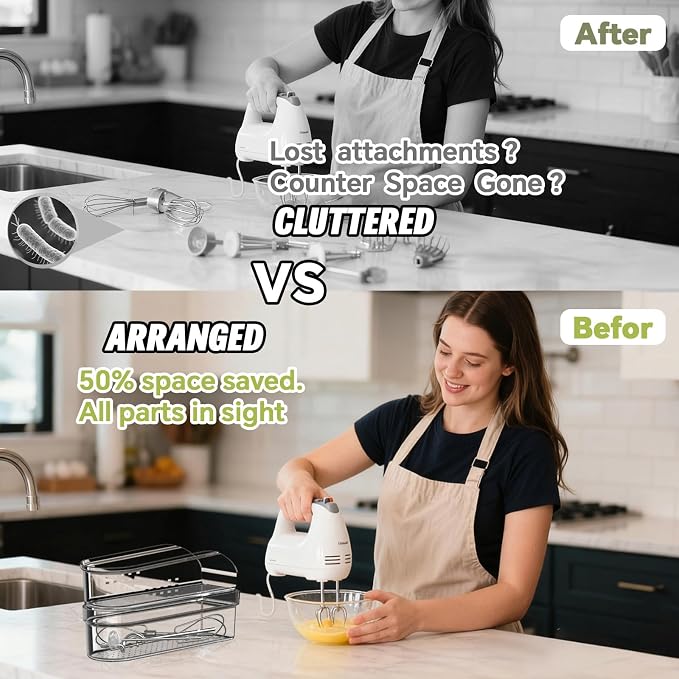 Hand Mixer Storage Case Compatible with KitchenAid KHM5/KHM6/KHM7/KHM9 Series Ultra Power Hand Mixers, Double-Layer Transparent PC Storage Box (Storage Case+Accessories)