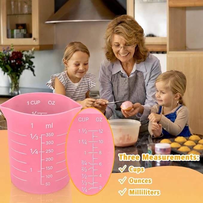 Palksky Silicone Cups for Melting Chocolate, 4PCS Pink Silicone Measuring Cups with 1 Cup & 1.5 Cup Capacity, Reusable Baking Supplies for DIY Chocolate Molds, Melting Chocolate