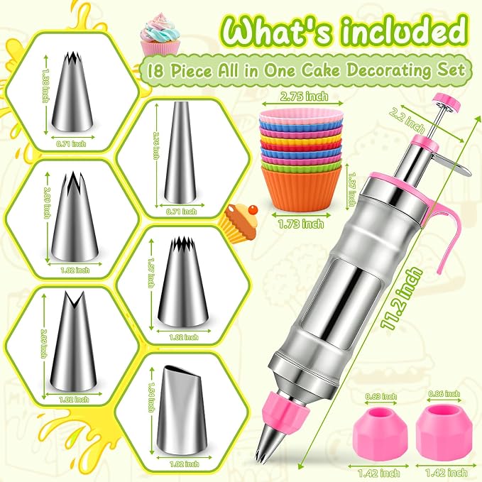 Hendiy Dessert Decorating Syringe Set, Stainless Steel Frosting Kit | 6 Piping Tips, 9 Silicone Cupcakes, Piping Bags Included, Cupcake Decorating Kit
