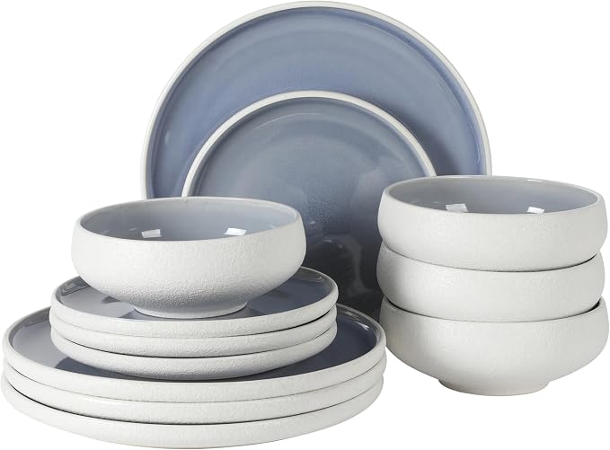 Gibson Elite Pacifco Beach Plates and Bowls Sets, 12-Piece Stoneware Dinnerware Sets, Reactive Glaze Dish Set - Blue