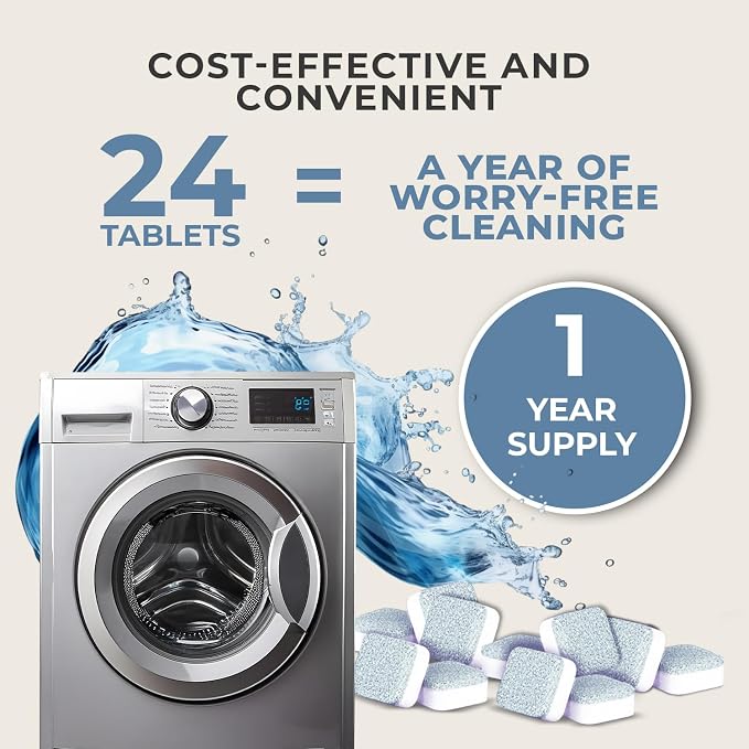 Washing Machine Cleaner Tablets, Unscented, 24 Pack | Fragrance free. Removes detergent buildup, hard water deposits, grime & odor residue. HE, front load, top load. 24 tablets.