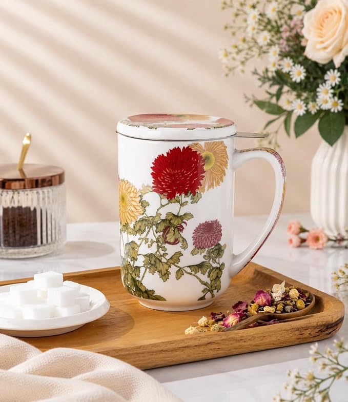 AmorArc Tea Cup With Infuser and Lid, 18oz Loose Leaf Tea Mug With Steeper | Porcelain Tea Mug With Infuser and Lid, Large Strainer Tea Cup with Lid for Tea, Coffee Mug for House-warming Birthday Gift