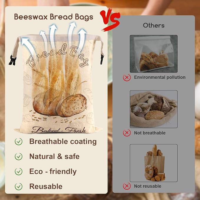 Beeswax Bread Bags for Homemade Bread, Sourdough Storage 3 Piece Set | Multiple Sizes, XL 17" x 13" & 10" x 8", Reusable Bees Wax Bread Bag & Keeper, Natural Linen with Premium Box for Home Baking
