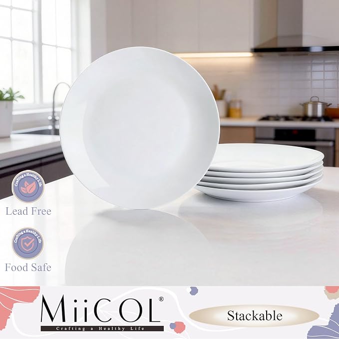 Miicol Ceramic Dinner Plates Set of 6, White Dessert Plates 9 Inch, Modern Round Porcelain Dishes for Steak, Pasta, Salad, Fruit, Microwave & Dishwasher Safe, Stackable